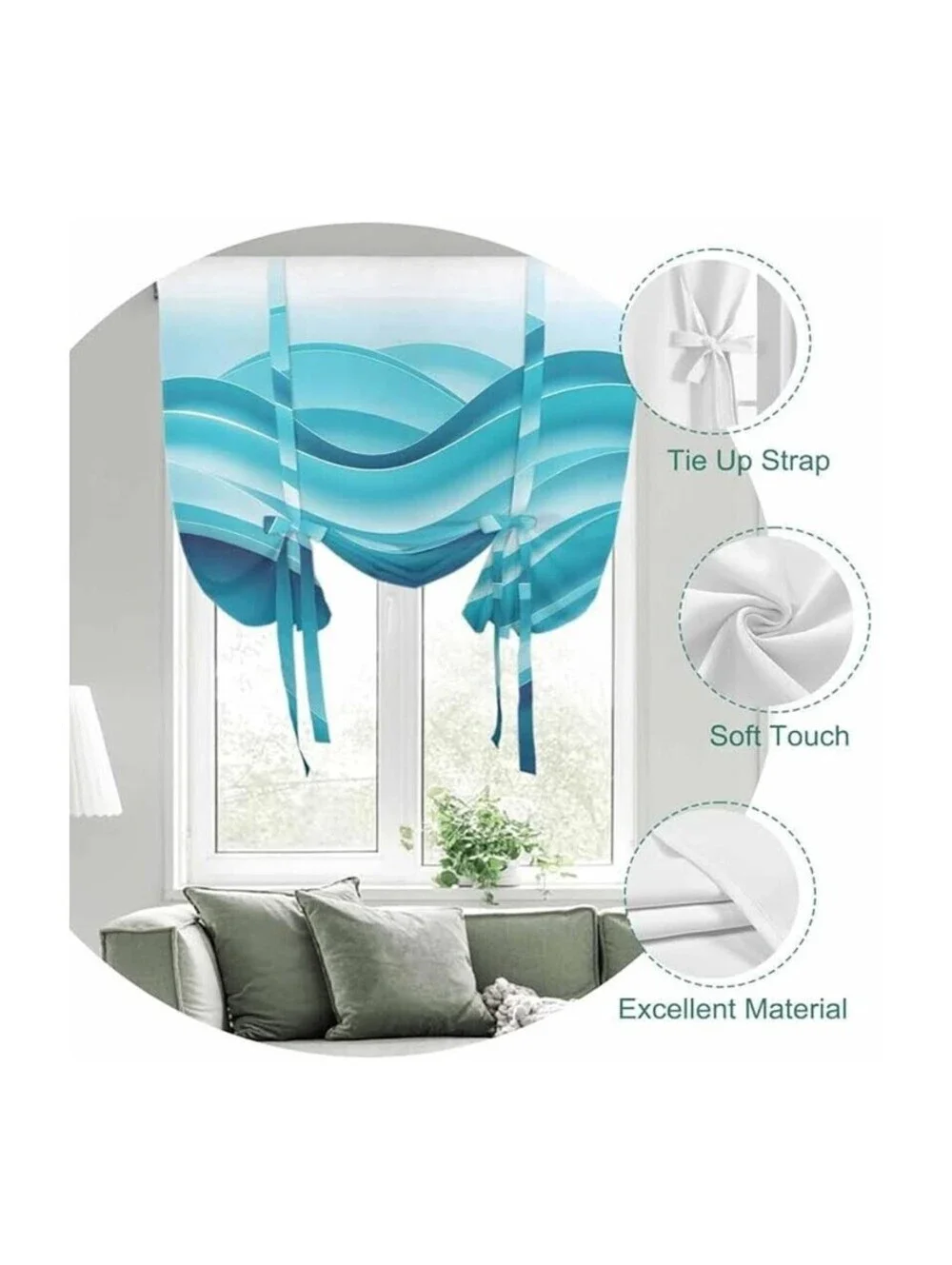 Tie Up Curtain With Ocean Wave Stripes, Teal and White, Rod Pocket *NEW*